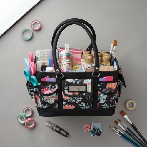 Everything Mary Deluxe Store & Tote Organizer – Black & Floral Craft Bag with Handle – Sewing, Scrapbooking & Art Supply Caddy – Stylish Storage for DIY Projects