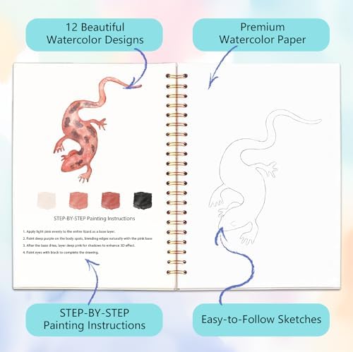 Easy Watercolor Workbook for Beginners - 12 Beautiful Step-by-Step Paintings Water Coloring Book, Includes 16 Colors Paints, Relaxing Art Projects and Creative Gift for Adults & Teen (Lizards)