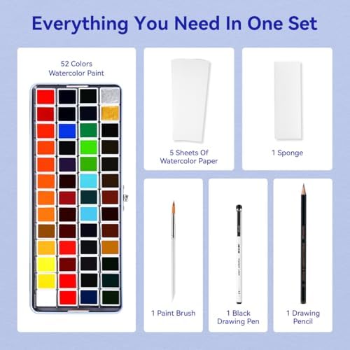 52 Colors Watercolor Paint Set for Adults, Vibrant Travel Water Colors Kit with Metallic Shades, Includes Brush, Pencil, Sponge, 5 Watercolor Papers & Black Pen, Portable Blue Case