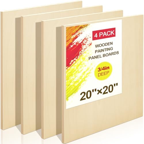 Tenceur 4 Pack 20" x 20" Birch Wood Panel Boards Kit Unfinished Wood Canvas Wooden Panel Boards for Painting 3/4" Deep Depth Wooden Canvases for Pouring Art Media Craft Burning Acrylic Oil