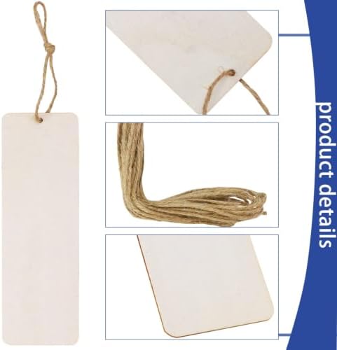 FSWCCK 50 Pcs 6 x 2 Inch Large Size Blank Wooden Gift Tags Labels Unfinished Wooden Book Markers Ornaments with Holes and Ropes for DIY Crafts, Wedding Birthday Party Decors