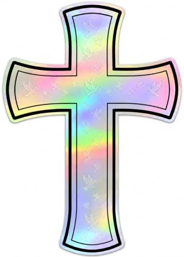 Christian Holographic or Reflective Cross Car Decal, Jesus Cross Vinyl Sticker with Subtle Dove or Heart Pattern, Weather Resistant Bumper Window Decal for Car Truck Motorcycle Laptop (Hologram Dove)
