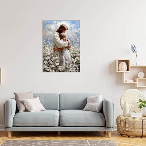 MAXBYE Framed Paint by Numbers Kit for Adults, Canvas Painting by Number Jesus Hugging Women Christian with Wooden Easel, DIY Acrylic Craft Art Kits for Beginners Gift Home Wall Decor10×14 in