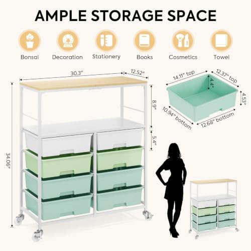 APEXCHASER Rolling Storage Cart with 8 Large Drawers, Wooden Tabletop