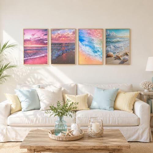 4 Pack Beach Sunset 5D diamond painting for adults Kits, Full Drill Coastal 5D diamond art kits for adults, Scenic Ocean gem art kits for adults, art painting Set Home Wall Decor 11.8x15.7 Inch