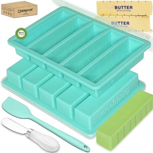 Silicone Butter Molds with Lid, Non-Stick Butter Tray with Butter Knife and Spatula, Reinforced Steel Frame Inside, Perfect for Making 5 Standard 8 Tbsp Butter Sticks, Energy Bar, 2 Pcs