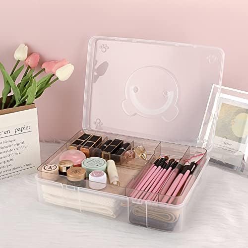 BTSKY 2-Tier Cute Bear Storage Box with Removable Divided Tray Portable Clear Plastic Art Craft Supply Organizer Stackable Home Office Supplies Storage Container for Pens Notes A4 papers etc (Coffee)