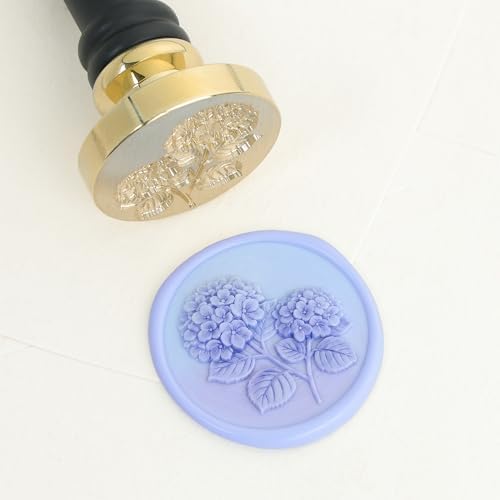 UNIQOOO 3D Embossed Relief Double Hydrangea Flowers Wax Seal Stamp with Wooden Handle, Vintage Brass Twin Floral Botanical Stamp Head for Wedding Invitations, Envelope Sealer, DIY Craft, Gift Wrapping