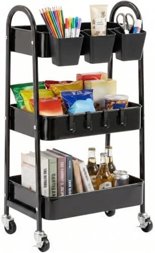 danpinera 3-Tier Rolling Cart, Utility Cart Mobile Metal Rolling Storage Cart with Lockable Wheels & Hanging Cups & Hooks for Kitchen, Bathroom, Office, Workshop, Black