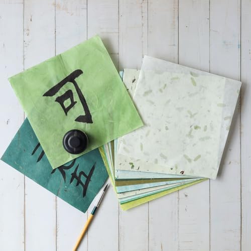 Natural Fiber Mulberry Paper Sheets 6 x 6 Inches, 50 PCS Handmade Craft Paper for Origami, Scrapbooking, Card Making, DIY Decoration, Mixed Media Art (Mixed Green Rice Straw etc.,,, 6 x 6)