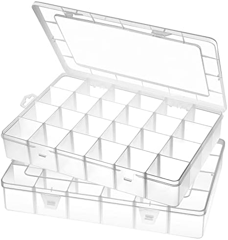 Gbivbe Large 24 Grids Plastic Organizer Box Adjustable Dividers,Clear Storage Box for Jewelry, Art DIY Crafts, Washi Tapes, Beads and Small Parts(2 Pack)