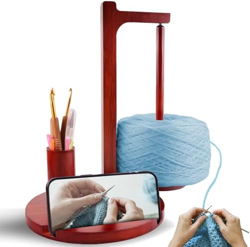 Yarn Holder for Crocheting and Knitting, Wooden Magnetic Yarn Spinner Rotating Holder with Crochet Hooks and Needles, Phone Stand and Storage Organizer, Ideal Gift for Knitting Lovers