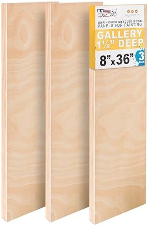 U.S. Art Supply 8" x 36" Unfinished Cradled Wood Panels for Painting | Gallery 1-1/2" Deep (3 Pack) - Artist Depth Wooden Wall Canvases - Mixed-Media Craft, Acrylic, Oil, Encaustic, Paint Pouring