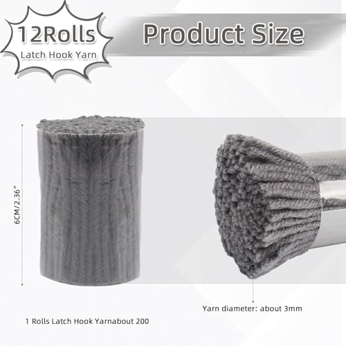 AKZYTUE 12 Rolls Latch Hook Yarn, Precut Rug Yarn for Latch Hook Kits, Crochet Yarn Bundles for Latch Hook Rug Making, DIY Tapestry Crafts for Adults & Beginners,Medium Gray