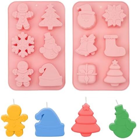 2 Pcs Christmas Soap Silicone Molds for Mini Cakes Xmas Candle Christmas Tree Socks Snowflake Santa Claus Gift Box Jingle Bell Baking Molds for Home Handmade DIY Tool
