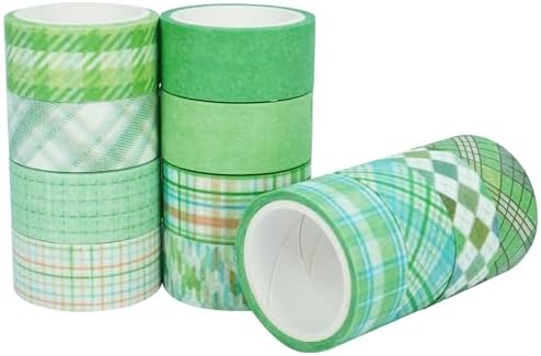 Basic Grid Washi Tape Set 12 Rolls Plaid Decorative Masking Tapes for Arts, DIY Crafts, Journals, Planners, Scrapbook, Wrapping (Green)