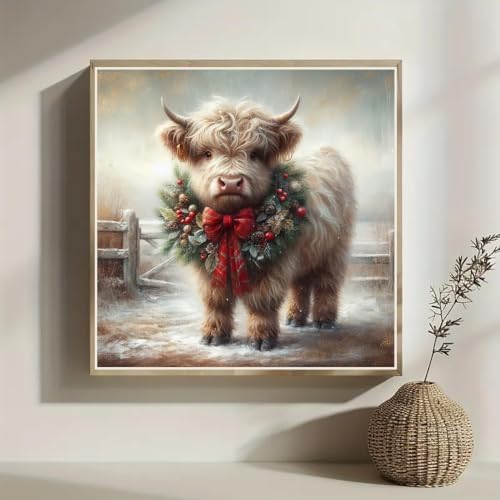 Christmas Diamond Art Kits for Adults, Christmas Highland Cow Diamond Painting Kits for Adults Beginners, 5D DIY Full Drill Round Rhinestone Gem Art Crafts Paintings for Home Wall Decor 12x12 inch