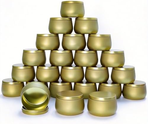 HOMAMAMOON 24 Pack 8oz Glod Candle Tins for Making Candles - Bulk Metal Candle Containers with Lids. Empty Round Candle Jars for DIY & Travel. Shatterproof & Sturdy Vessels for Small Business.