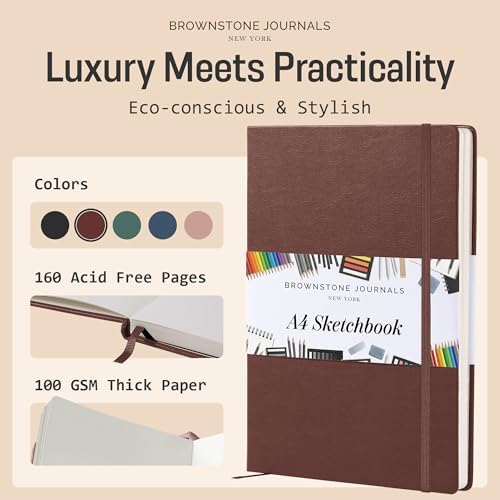BROWNSTONE JOURNALS A4 Sketch Book Hardcover - 80 Sheets 100 GSM Paper | 8.5" x 11.5", Lay Flat, Vegan Leather Hardcover, Elastic Band, Back Pocket, Art Drawing Book for Adults & Students