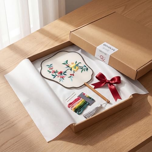 Chinese Embroidery Fan Kit, DIY Organza Fan with Pomegranate Pattern