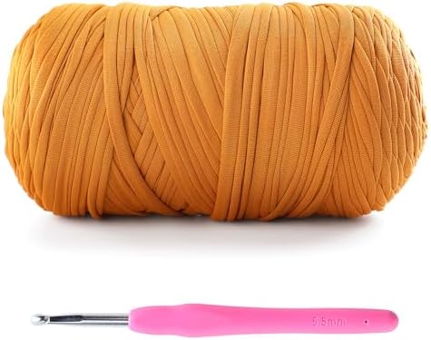 Tshirt Yarn for Crochet - 400 g/130 yds T Shirt Yarn for Crocheting Bags/Baskets/Home Decor - Soft Elastic Fabric T-Shirt Yarn with 1 Crochet Hook (1, Turmeric)