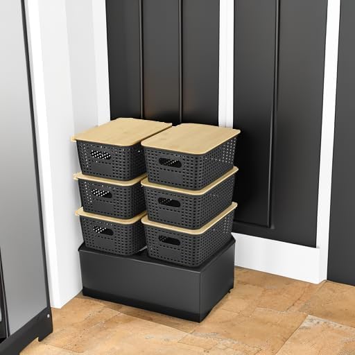 Ohmlove 6 Pack Plastic Storage Baskets with Bamboo Lids for Organization