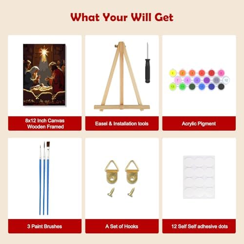 MOGTAA Christmas Paint by Numbers Kit for Adults Beginners with Frame, Jesus Nativity Adult Paint by Number Kits on Canvas with Easel, Easy DIY Oil Painting Kits for Home Decor, 8x12in