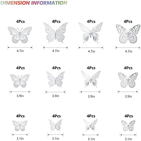SAOROPEB 3D Butterfly Wall Decor, 48 Pcs 4 Styles 3 Sizes, Removable Metallic Wall Sticker Room Mural Decals for Kids Bedroom Nursery Classroom Party Decoration Wedding Decor DIY Gift (Sliver) | 4 Styles 3 Sizes, Removable Metallic Wall Sticker Mural D...