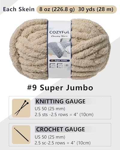 Cozyful Chunky Yarn for Hand Knitting, #9 Thick Jumbo Big Chunky Yarn for Crocheting, Super Chunky Knit Blanket Yarns, Large Chunky Chenille Yarns, 8 Pack (30 yds 8 oz Each Skein), Khaki