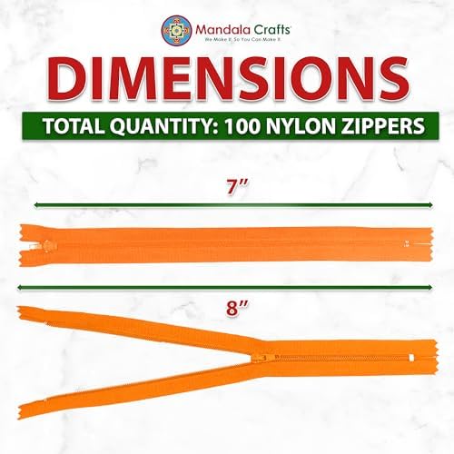 Mandala Crafts 100 PCs Orange Closed-End 7 Inches Nylon Zippers for Sewing