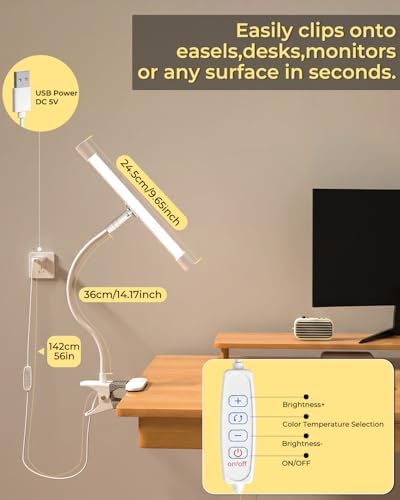 Clip-On Easel Lights for Painting,7W Artist Lamp,3 Color Modes,10 Brightness Levels,Flexible Gooseneck Clip Light for Easel,Desk,Piano,Monitor,USB Powered & No Battery(Adapter Not Included & White)