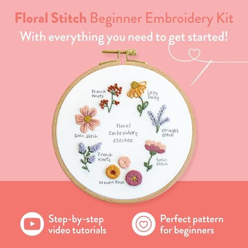 Clever Poppy Floral Stitch Sampler Beginner Embroidery Kit – Easy Embroidery Kit for Beginners with Hoop, Thread & Patterns – Hand Embroidery Kit for Adults and Teens – Complete Embroidery Starter Kit