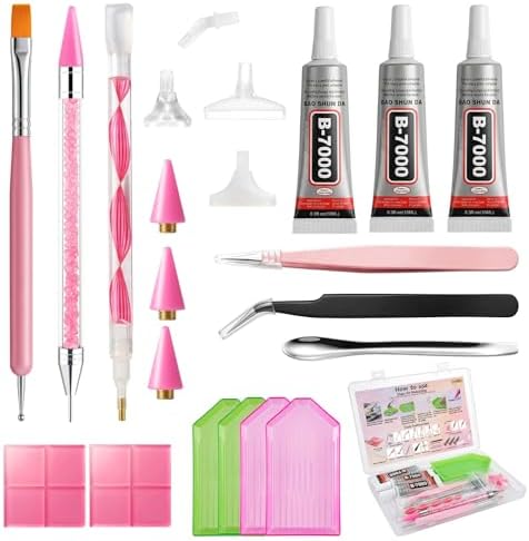 30Pcs Rhinestone Picker Tools for Bedazzling Kit - B7000 Jewelry Glue for Craft,9-in-1 System with 3 Picker Pens&9 Interchangeable Tips, Trays,Tweezers&Clay,All-in-One Diamond Art Painting Set