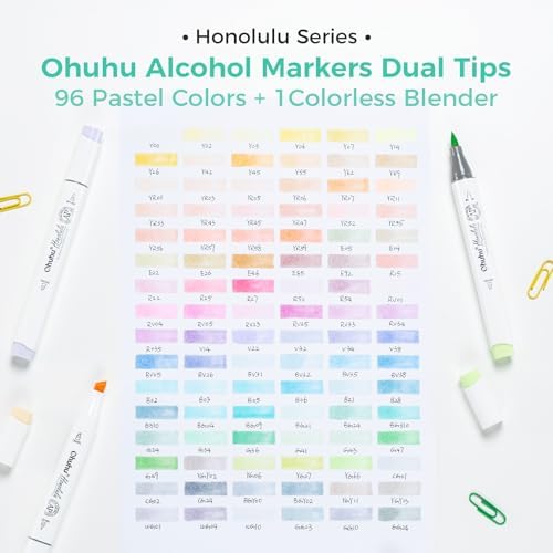 Ohuhu Pastel Alcohol Markers - 96 Colors of Honolulu Sweetness + Blossoming - Double Tipped Art Alcohol Markers for Artist Adults' Coloring Illustration - Brush & Chisel - Refillable - AP Certificated