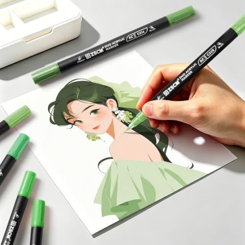 ZSCM 12 Green Acrylic Paint Markers, Dual Fine & Brush Tip Acrylic Pens