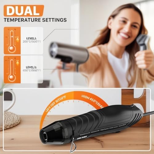 Mini Heat Gun, Dual Temp Hot Air Gun with Nozzle for Crafts | Dual Heat Settings 482°F/662°F, Fast Heating, 6.6FT Cable, Reflector Nozzle, Overload Protection, 6.6FT Long Cable