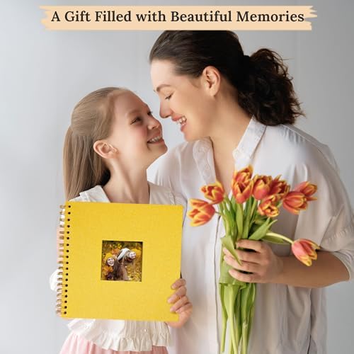 8"x8" Scrapbook Photo Album Linen Cover 20 Sheets 40 Pages White Paper | Yellow Hardcover Kraft White Pages Memory Book, for Travel Wedding Guest Book Christmas Baby Shower Fits 4x6 & Instant Photos