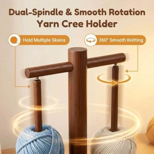 Wooden Yarn Holder for Crocheting & Knitting - Upgraded Magnetic Rotating Dual Spindle Yarn Spinner with Phone Stand & Hook Storage - Tangle Yarn Dispenser, Perfect Gift for Knitters & Crafters