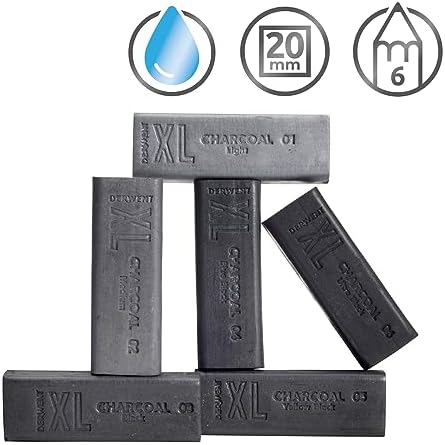 Derwent Charcoal XL Blocks 6 Tin, Set of 6, 60mm Extra-Large Block, Naturally Water-soluble, Ideal for Sketching, Drawing and Expressive Mark Making, Professional Quality (2306196)