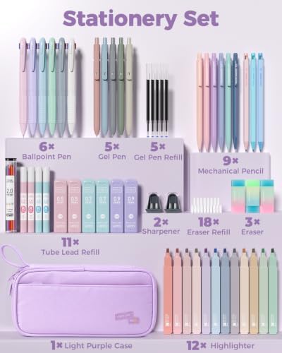 Four Candies 56 PCS School Supplies with Cute Pencil Case (Light Purple)