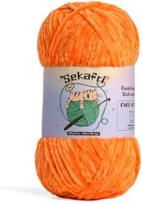 Fuzzy Chenille Yarn for Crocheting,Fluffy Amigurumi Crochet Yarn for DIY Craft/Hat/Shoes,(100 g/197 yds) Soft Velvet Baby Blanket Yarns（Orange）