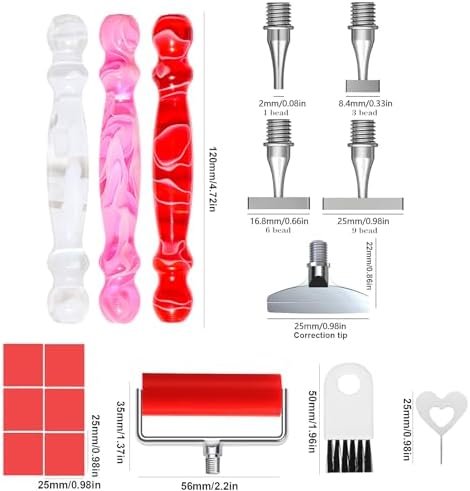 ZYNYXY 17PCS Ergonomic Diamond Art Pen Kits, with Multifunctional Metal Stainless Steel Screw Thin 1, 3, 6, 9, Tips, Correction Placers Roller Accessories(D-Red + Pink + White+ 5 PCS Tips)