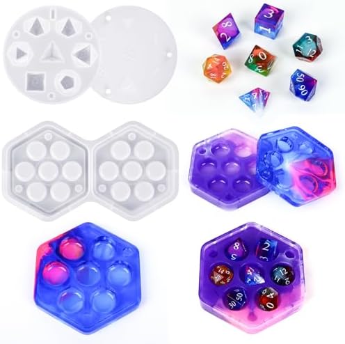 KISREL Dice Resin Molds, DND Dice Set and Organizer Box Epoxy Resin Mold with 7 Standard Stereoscopic Dice Cavities, Silicone Molds for Resin, DND Dice Set Making Kit, Table Board Game