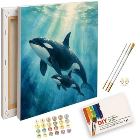 Marine Wildlife Digital Painting Kit for Adults - DIY Orca Whale Mother and Calf Oil Painting on Canvas 8X12IN framed, Acrylic Paint Kit, Good for Beginners, Coastal Home Decor or Gift Artwork