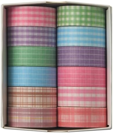 12 Rolls Grid Washi Tape Set Plaid Arts Adhesive Tapes Basic Patterns Decorative Masking Tape Sets for Craft, Kids, Scrapbook, DIY, Gift Wrapping (Style Four)