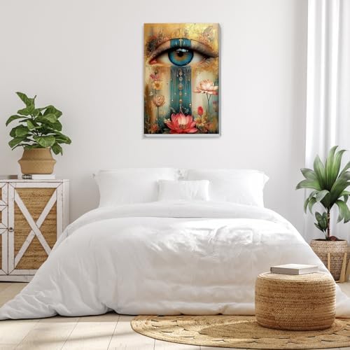 Bowetile Framed Paint by Numbers Eye Kit for Adults Beginners, Adults' Paint-by-Number Kits on Canvas, Painting by Numbers Lotus, Acrylic Vintage Number Painting for Home Wall Decor, 8x12in