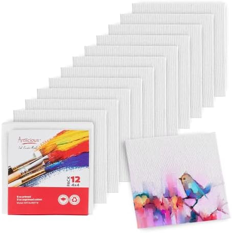 Artlicious Small Canvases for Painting - Pack of 12, 4 x 4 Inch Blank White Canvas Boards - 100% Cotton Art Panels Mini Canvas Bulk for Oil, Acrylic & Watercolor Small Painting Canvas