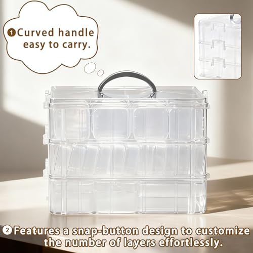 Bead Containers Storage Box for Art Craft Storage,3-Tier Stackable Storage Organizers,61pcs Pieces Plastic Storage Cases Mini Clear Bead Storage Containers Transparent Boxes