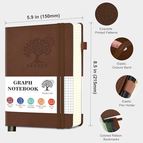Graph Paper Notebook 5.9"×8.5", 160 Pages Grid Notebook, A5 Graphing Paper | Hardcover Leather Journal for Women & Men,100 Gsm, Grid Spacing 5mm x 5mm, Medium Size, Grid notebook for Work, School, Math