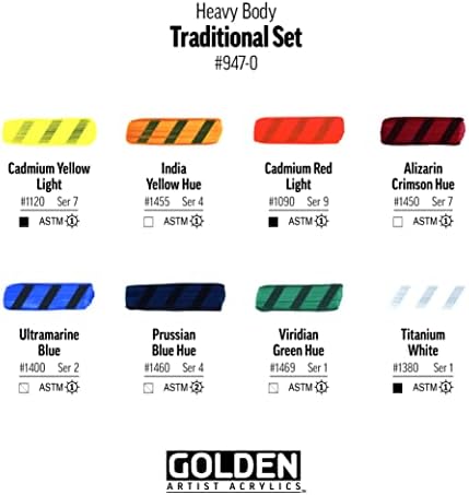 GOLDEN Heavy Body Acrylics Traditional Set, 8 Colors + Glazing Liquid